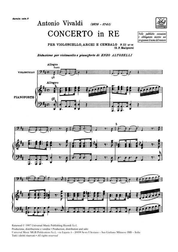 Concerto Per Vc., Archi E B.C.: In Re Rv 403 - Riduzione Per Violoncello E Pianoforte - violoncello a klavír